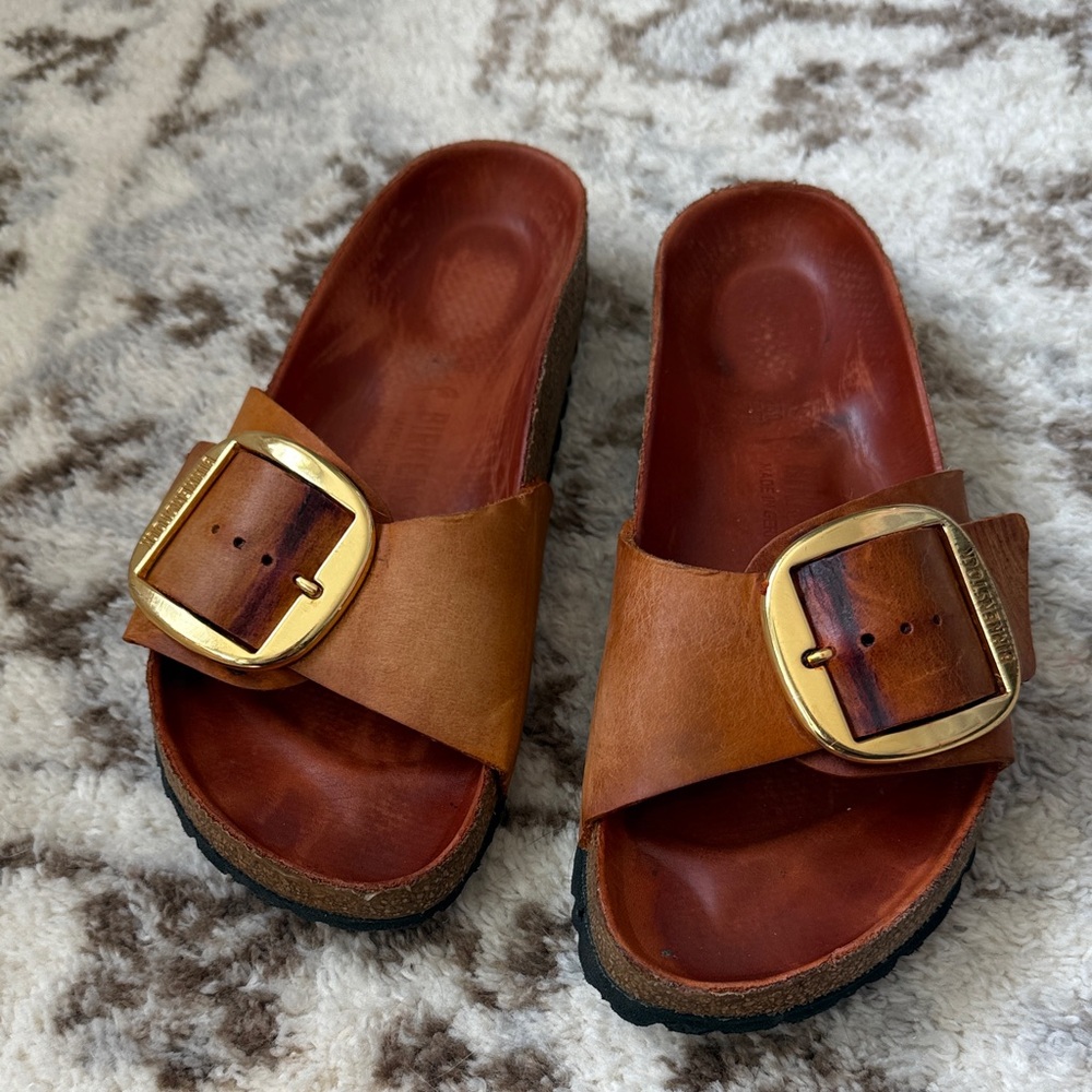 Birkenstock Madrid Big Buckle Slide Sandals - size 39 - orange and gold
